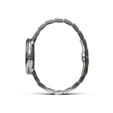 Vista lateral reloj hombre 42mm acero plateado pulido con dial blanco | Comega | Colección Tango | Ábaco