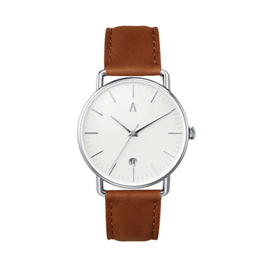 Reloj unisex plateado 36mm con correa de cuero marrón oscuro intercambiable | Combox Elena | Ábaco