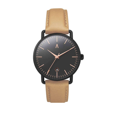 Reloj negro unisex con correa de cuero beige 18mm intercambiable | Combox Olga | Ábaco