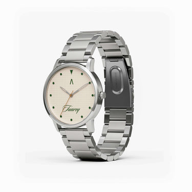 Reloj hombre 42mm crema acero pulido edición limitada vista tres cuartos | Original II x TUAREQ | Colección Original | Ábaco