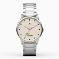 Reloj hombre 42mm dial crema con detalles verdes y acero inoxidable pulido | Original II x TUAREQ | Colección Original | Ábaco