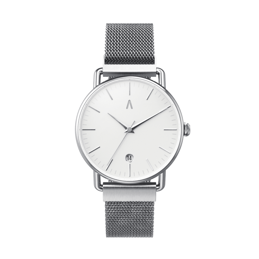 Reloj unisex 36mm con dial blanco y correa plateada de acero | Elena | Colección Velvet | Ábaco